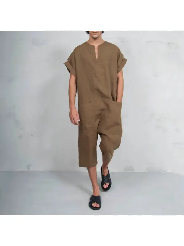Men's Short Sleeve Linen Jumpsuit - Viewbena.com 