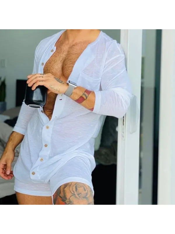 Men's Solid Color Slim Fit Long Sleeve Jumpsuit Pajamas - Realyiyi.com 