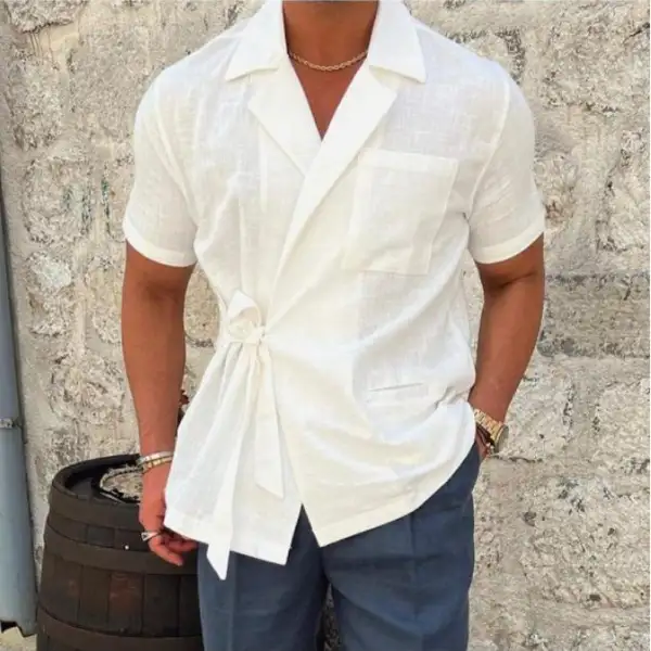 Men's Solid Color Linen Suit Lapel Lapel Short Sleeve Shirt Jacket - Keymimi.com 