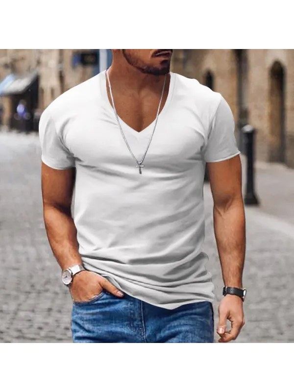 Men's Casual V-neck Solid Color Short-sleeved T-shirt - Realyiyi.com 
