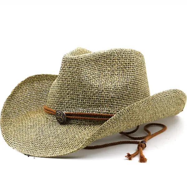 Old Stone Straw Cowboy Cowgirl Hat For Men Women Wide Brim Sun Western Style Hat - Keymimi.com 