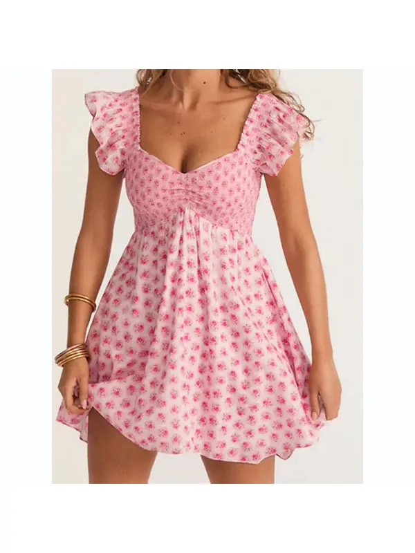 Hollow Ruffled Sleeves Short Dress - Cominbuy.com 