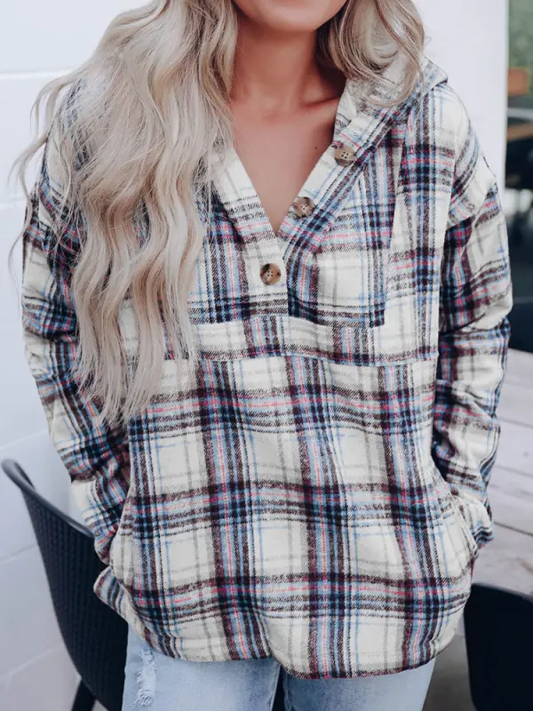 Women's Vintage Plaid Print Hooded Pocket Sweatshirt - Realyiyi.com 