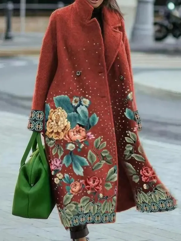 Women's Retro Floral Print Thick Mid-length Woolen Coat - Realyiyi.com 