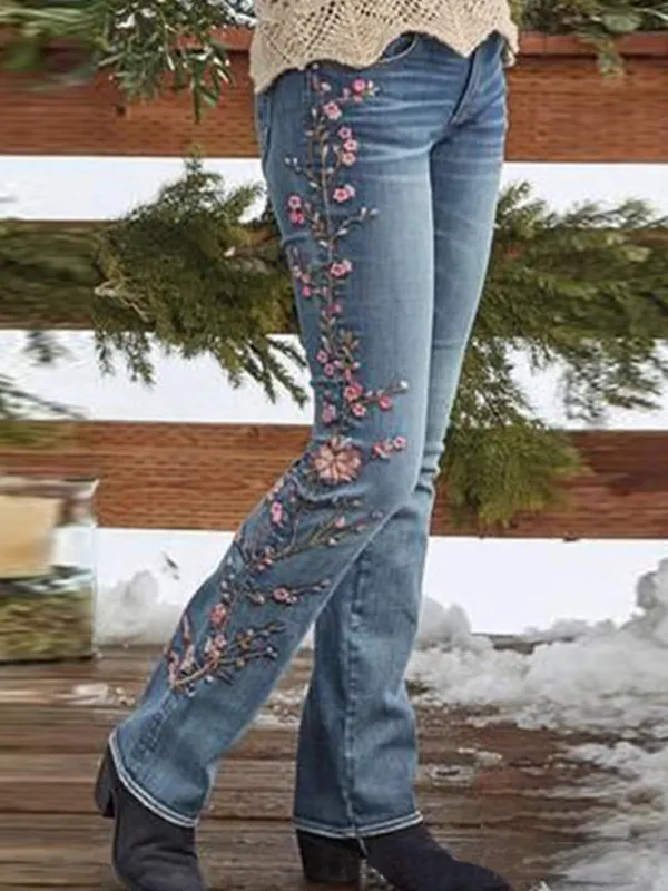 Women's Retro Embroidered High Waist Jeans Micro Elastic Slim Flared Jeans - Realyiyishop.com 