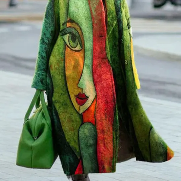 Women's Retro Abstract Print Thick Mid-Length Woolen Coat - Cotosen.com 