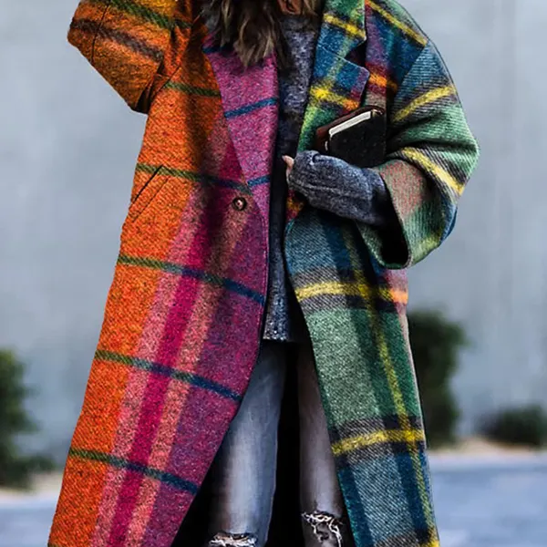 Women's Tweed Retro Colorful Plaid Print Thick Mid-Length Woolen Coat 