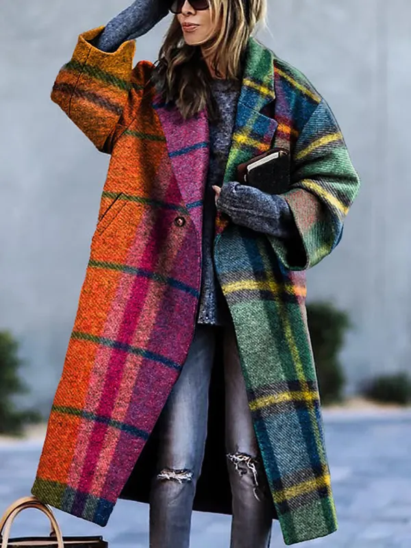 Women's Tweed Retro Colorful Plaid Print Thick Mid-Length Woolen Coat 