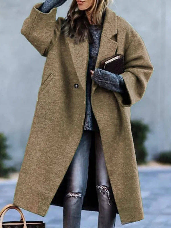 Women's Solid Color Mid-length Woolen Tweed Coat 