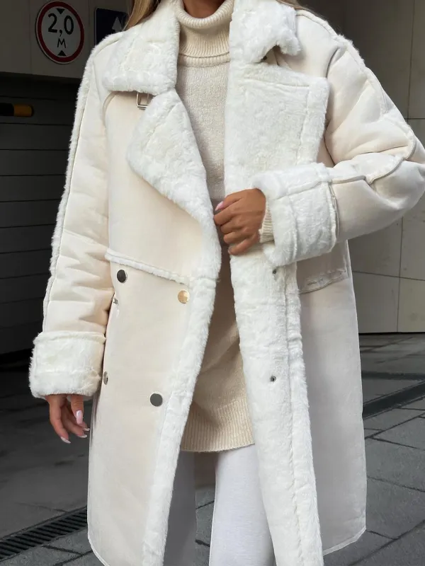 Women's Suede Coat Suit Collar Long Cardigan Long Sleeve Plush Jacket - Realyiyi.com 
