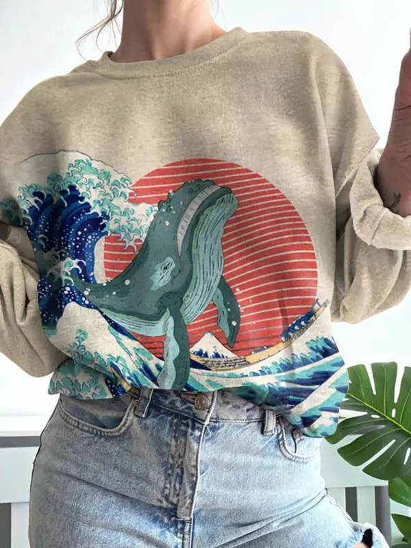 Great Wave Whale Japanese Art Painting Print Sweatshirt - Realyiyi.com 