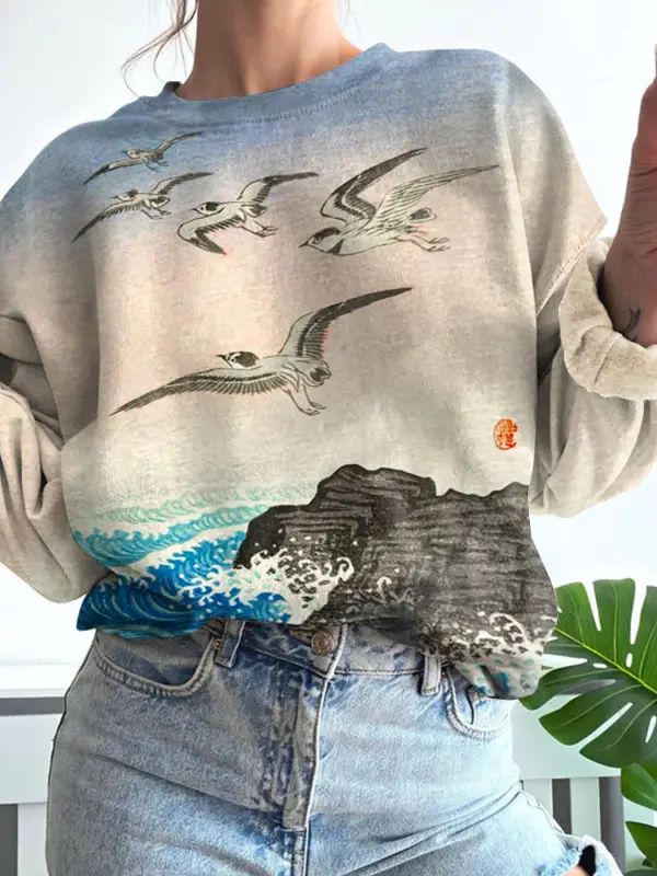 Japanese Art Painting Seagull Print Sweatshirt - Realyiyi.com 