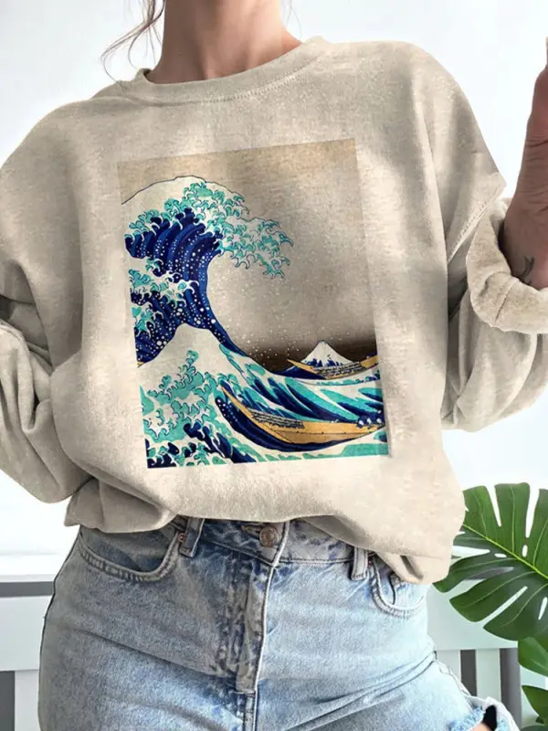 Japanese Art Wave Print Retro Sweater - Realyiyi.com 