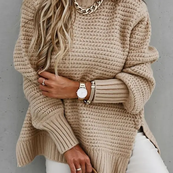 Women's Solid Color Loose Knitted Casual Side Slit Sweater - Rabclub.com 