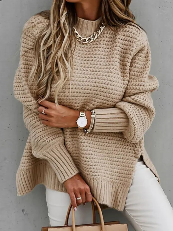 Women's Solid Color Loose Knitted Casual Side Slit Sweater - Simplyion.com 