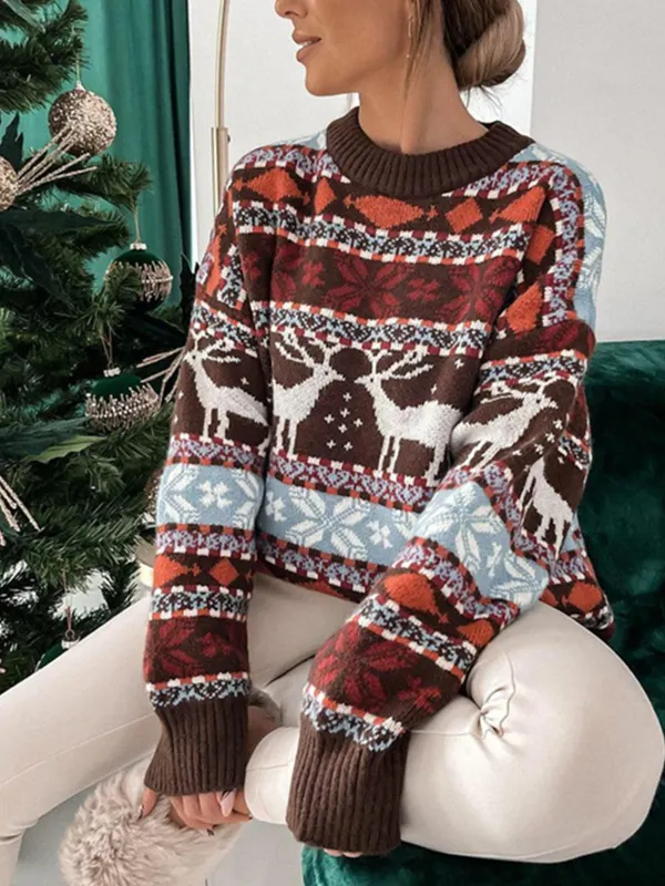 Women's Round Neck Loose Five-color Christmas Jacquard Sweater - Realyiyishop.com 