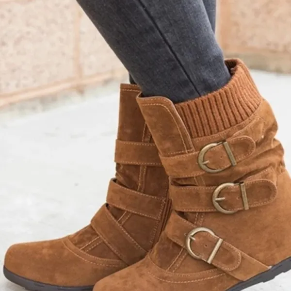 Women's Round Toe Flat Bottom Large Size Mid-calf Boots - Cotosen.com 