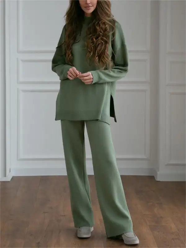 Women's Solid Color Knitted Turtleneck Slit Sweater Suit - Viewbena.com 