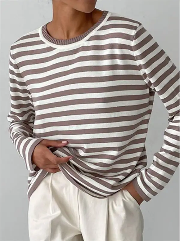 Women's Classic Retro Striped Casual Round Neck Knitted Sweater - Realyiyishop.com 