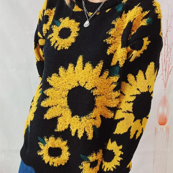 Women's Sunflower Jacquard Round Neck Long Sleeve Knitted Pullover Sweater - Cotosen.com 