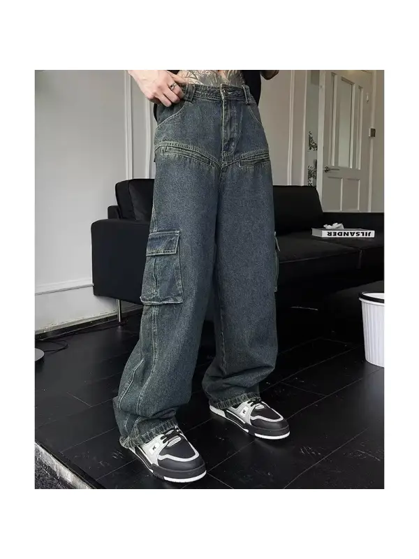 Punk Blue Wash Baggy Cargo Jeans - Realyiyishop.com 