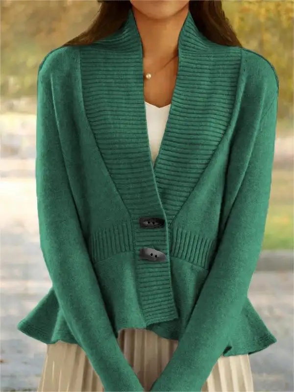 Women's Retro Knitted Cardigan V-neck Ruffled Hem Sweater Jacket - Viewbena.com 