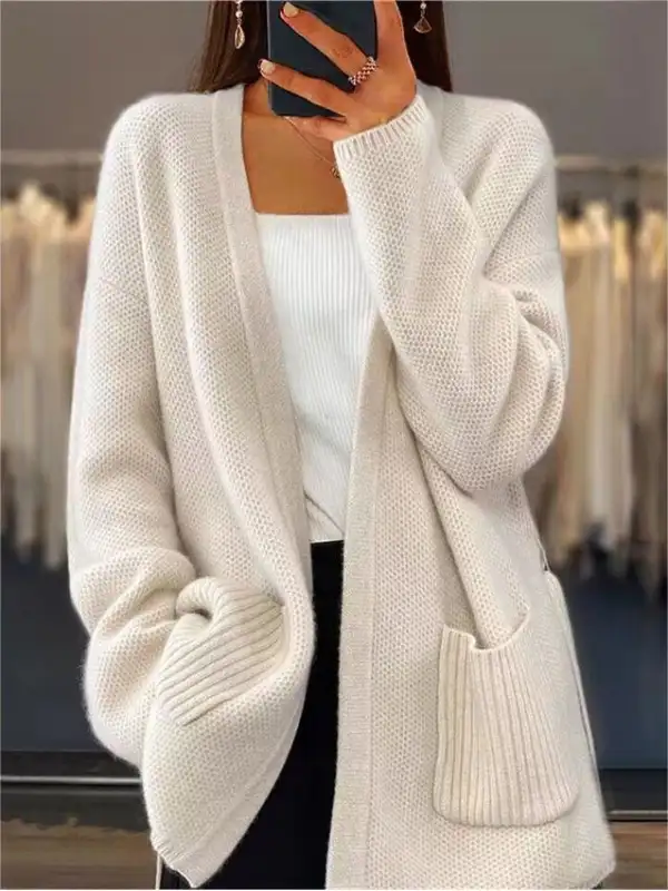 Women's Thickened Solid Lace-up Knitted Cardigan Loose Pocket Sweater Jacket - Viewbena.com 