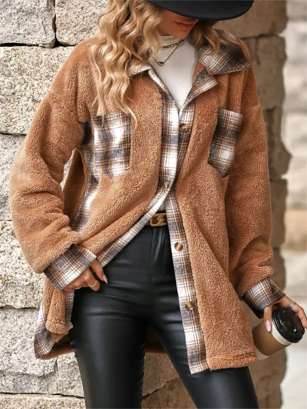 Women's Plaid Patchwork Fleece Pocket Buttoned Mid-length Lapel Jacket - Pragmaace.com 