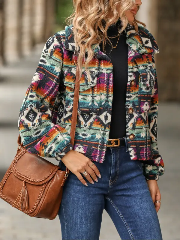 Women's Retro Ethnic Print Loose Long Sleeve Short Jacket - Machoup.com 