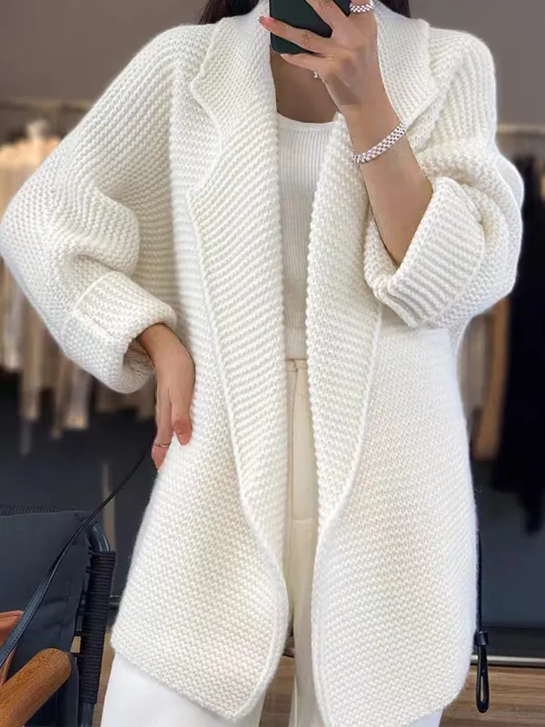 Women's Lapel Solid Color Thickened Knitted Sweater Loose Mid-length Cardigan Coat - Realyiyi.com 