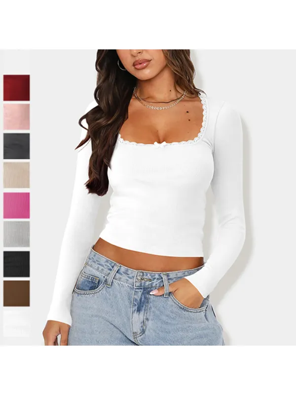 Women's New Long Sleeve T-Shirt Trendy Brand Slim Fit Lace Splicing Hot Girl Top U Neck Bottoming Shirt - Realyiyi.com 