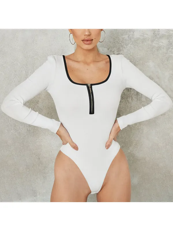 New Style Patchwork Color Zipper Threaded Long-sleeved Bodysuit, Fashionable And Versatile Base Layer - Hoplady.chimpone.com 