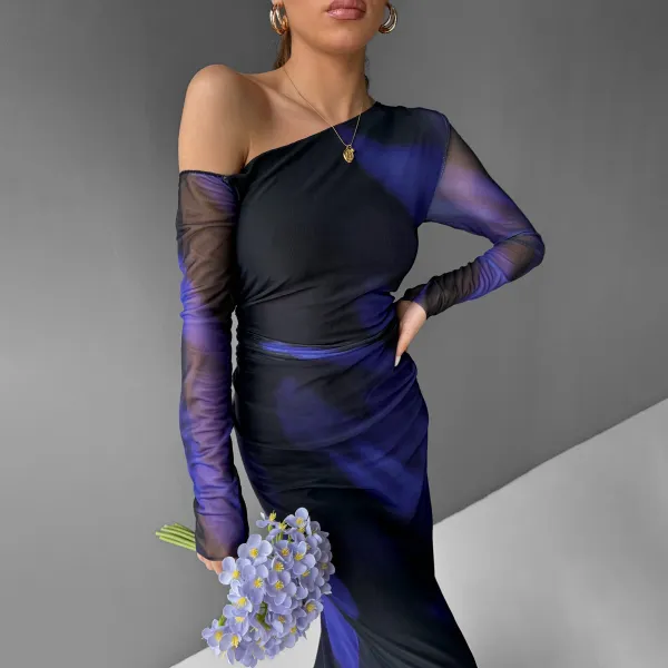 Women's Sexy See-through Mesh Print Asymmetric One-shoulder Skinny Maxi Dress - Ootdyouth.com 