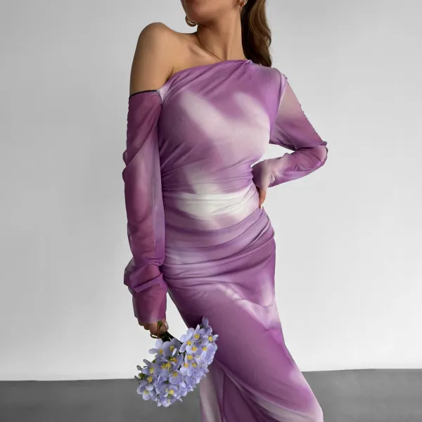 Women's Sexy See-through Mesh Print Asymmetric One-shoulder Skinny Maxi Dress - Ootdyouth.com 