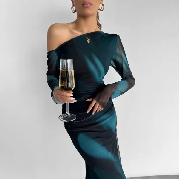 Women's Sexy See-through Mesh Print Asymmetric One-shoulder Skinny Maxi Dress - Ootdyouth.com 