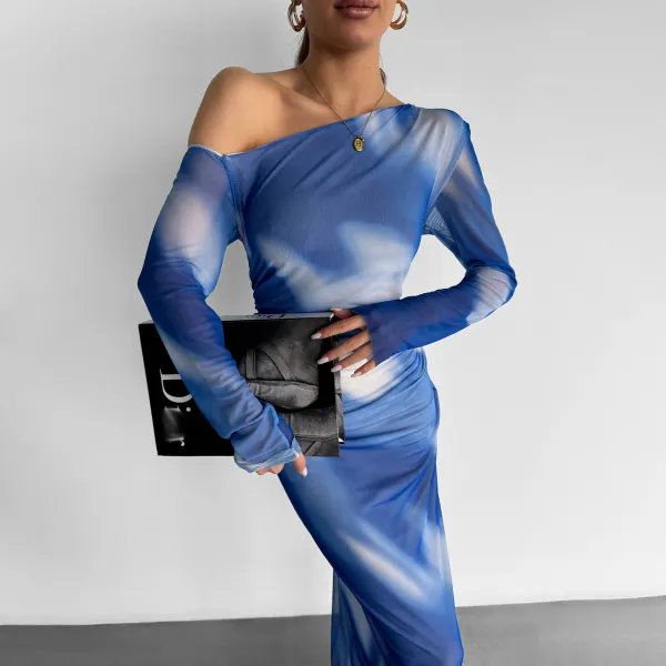Women's Sexy See-through Mesh Print Asymmetric One-shoulder Skinny Maxi Dress - Ootdyouth.com 