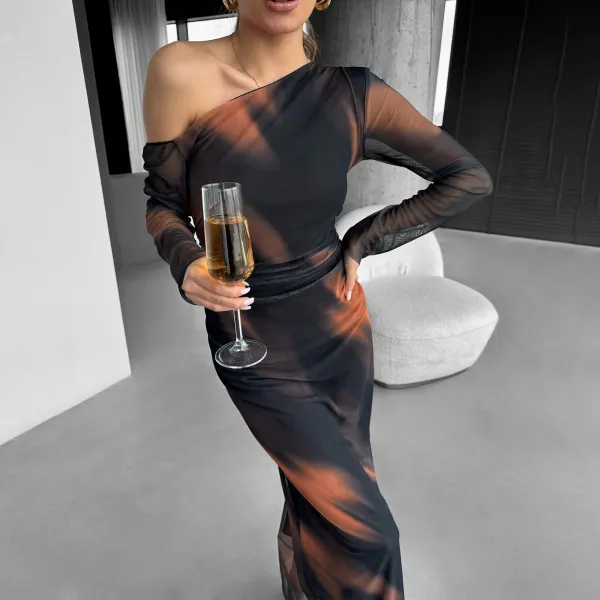 Women's Sexy See-through Mesh Print Asymmetric One-shoulder Skinny Maxi Dress - Ootdyouth.com 