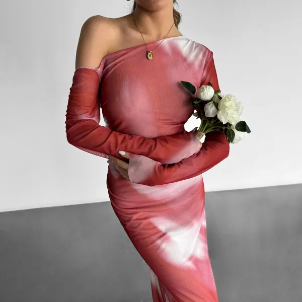 Women's Sexy See-through Mesh Print Asymmetric One-shoulder Skinny Maxi Dress - Ootdyouth.com 