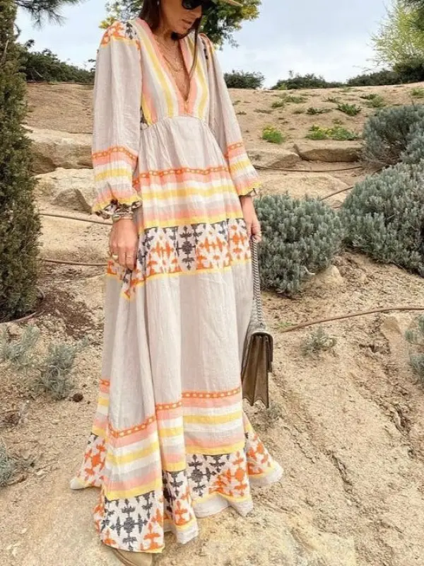 Retro Ethnic Deep V Strappy Long Dress - Machoup.com 