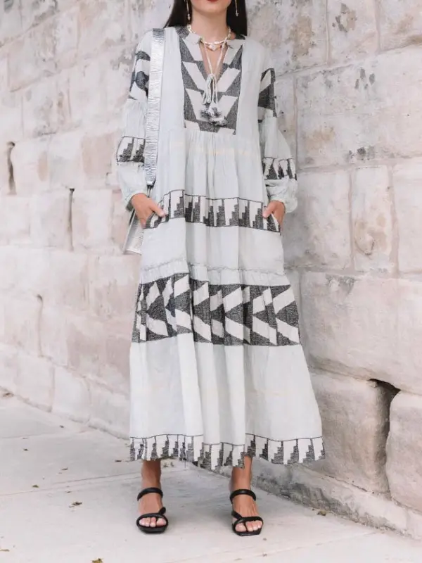 Stylish Black And White Patterned Greek Dress - Cominbuy.com 