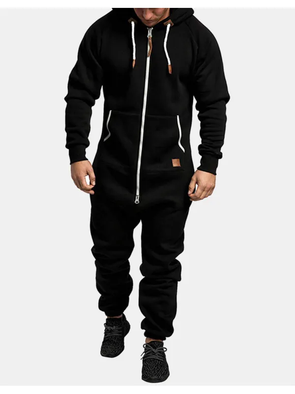 Solid Color Hooded Fleece Casual Warm Jumpsuit - Realyiyi.com 