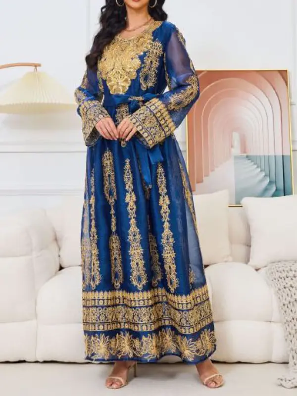 Stylish Embroidered Floral Round Neck Long Hem Robe Dress - Cominbuy.com 