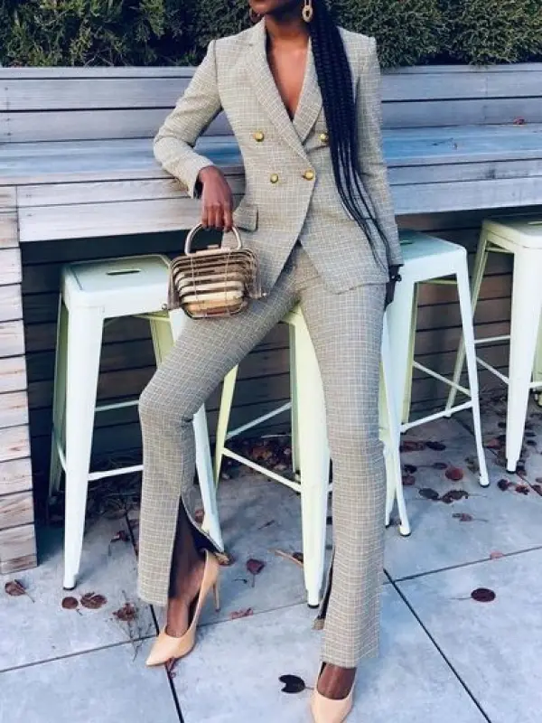 Ladies' Simple And Elegant Plaid Slit Suit - Viewbena.com 