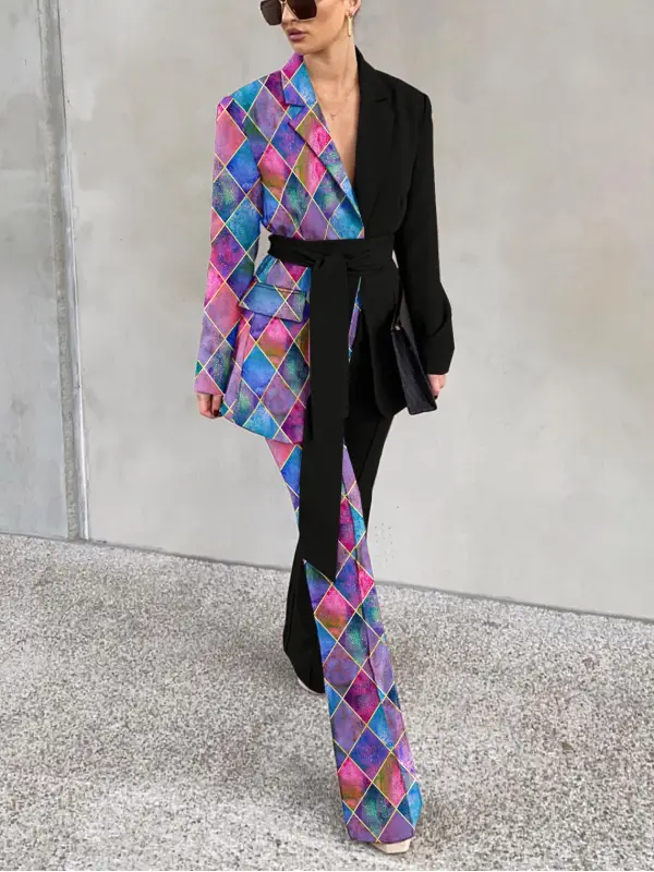 Women's Fashionable Geometric Print Stitching High Waist Suit - Machoup.com 