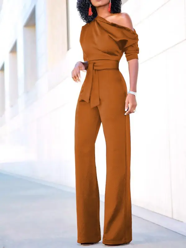 Women's Elegant Satin High Waist Oblique Shoulder Jumpsuit - Cominbuy.com 