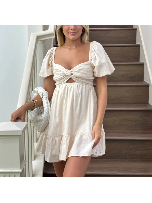 Plain Puff Sleeve Mini Dress - Realyiyi.com 