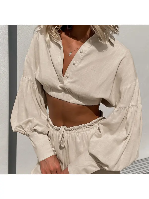 Women's Cotton And Linen Cropped Tops Two-piece Set - Realyiyi.com 