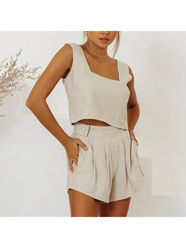 Women's Minimalist Linen Vest Shorts Set - Machoup.com 