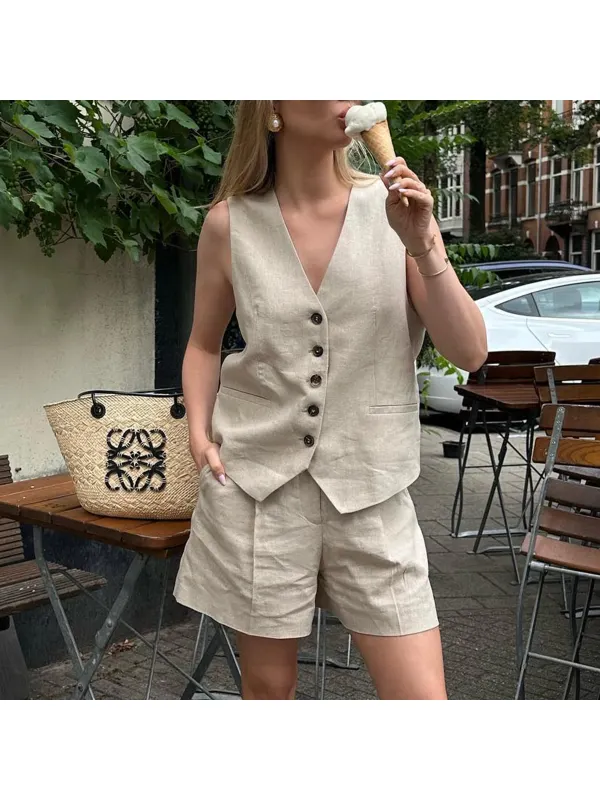 Minimalist Cotton And Linen Button Vest Shorts Urban Commuting Two-piece Set - Machoup.com 