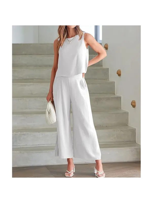 Women's Minimalist Linen Sleeveless & Wide Leg Pants Set - Hoplady.chimpone.com 